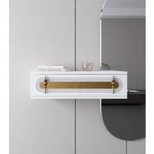 Feyza Design Şık 70CM Beyaz ve Altın Detaylı Duvara Monte Kapaklı Raflı Dresuar