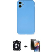 Marsilyan™- iPhone 11 Kılıf Ahenk Serisi - Siyah 3D Antistatik Mat Seramik Nano Ekran Koruyucu + Mavi Pvd Metal Kamera Lens