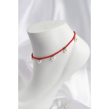 Kırmızı Renk Boncuklu Papatya Motifli Halhal