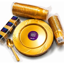 Barışkan Plastik Tabak Bardak Çatal Kaşık Seti. 25 Li Gold,