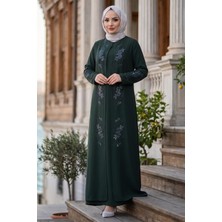 Hafsa Mina Çiçek Taş Işlemeli Şık Tesettür Anne Elbisesi Haki HM2905