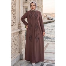 Hafsa Mina Çiçek Taş Işlemeli Şık Tesettür Anne Elbisesi Kahverengi HM2905