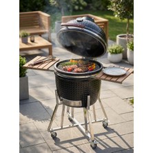 Palu Profesyonel Kömürlü Kamado Mangal & Bbq Grill | Seramik Görünümlü, Isı Kontrollü, Tekerlekli Standlı, Yan Raflı Bahçe & Teras Mangalı