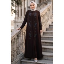 Hafsa Mina Çiçek Taş Işlemeli Şık Tesettür Anne Elbisesi Acı Kahve HM2905