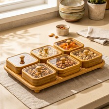 Snippy Joe Kare - 6'lı Bambu Dikdörtgen Tepsili Plastik Kapaklı Çerezlik Kahvaltılık Saklama Kabı 150 ml