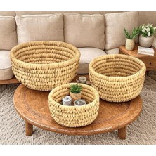 Mi-Ça Home Deconox Dayanıklı ve Uzun Ömürlü Doğal Hurma Ağacı Yaprağından Dekoratif Hasır Sepet - 3 Parça Sepet Seti (Konik)