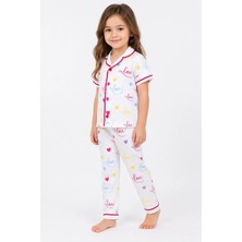 Dinamik çocuk Kız Çocuk/bebek Love Desenli Kısa Kollu Pijama Takımı Yazlık %100PAMUK 2'li Alt Üst Takım 6-24AYLIK 3-6yaş