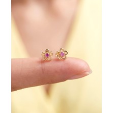 İndigo Takı Minik Fuşya Taşlı Çiçek Tek Taş 14 Ayar Altın Küpe