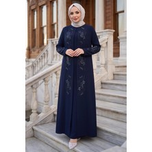 Hafsa Mina Çiçek Taş Işlemeli Şık Tesettür Anne Elbisesi Lacivert HM2905