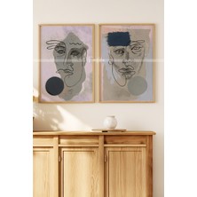 Tontilika Modern Soyut Çizgi Sanatı 2'li Ahşap Çerçeveli Tablo Seti-1