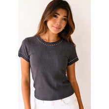 Metal Taş Lı Pamuk Kısa Kol Kadın T-Shirt