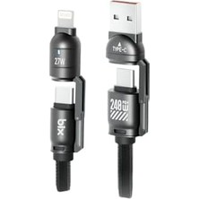 Mi-Ça Home Bix 240W Usb-A ve Usb-C ve Lightning Çok Fonksiyonlu Askı Ipli Premium Örgü 1.5 Metre Yüksek Hızlı Şarj ve Veri Kablosu Siyah