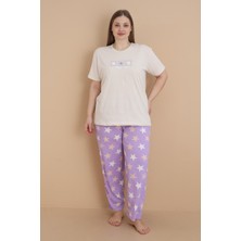 Wordex Mrn 4504 Yıldız Desenli Kısa Kollu Pamuklu Penye Büyük Beden Kadın Pijama Takımı