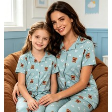 NiCe İç Giyim Anne & Kız Kombin Pijama Takım Milan Kumaş Mevsimlik Gömlek Yaka Kısa Kol Mavi Ayıcık Desen (Ayrı Satılır)