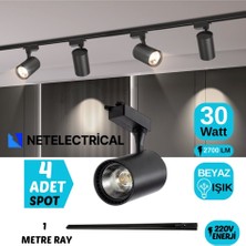 Netelectrical Siyah Kasa Beyaz Işık 30W Raylı Spot Mağaza Vitrin Özel Alan Aydınlatma | 4 Adet Spot + 1 Metre Ray |