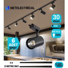 Netelectrical Siyah Kasa Beyaz Işık 30W Raylı Spot Mağaza Vitrin Özel Alan Aydınlatma | 6 Adet Spot + 2 Metre Ray |