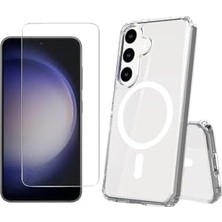 Mi-Ça Home - Galaxy S25 Fe ile Uyumlu Kılıf Magsafe ile Uyumlu Şarj Özellikli Sert Pc Embos Kapak + Ekran Koruyucu - Şeffaf