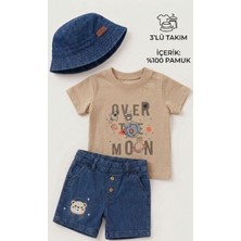 Lika&Nika Lıka.nıka Erkek Bebek 3'lü Yazlık Takım - %100 Pamuklu Tişört, Lastik Belli Denim Şort ve Şapka
