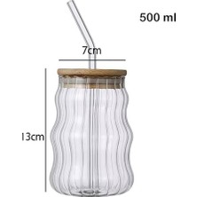 Mi-Ça Home 500ML Bambu Kapaklı Cam Bardak, Cam Pipetli Silikon Kapak Contalı Desenli Sıcak Soğuk Içecekler Kahve Meyve Suları ve Çayları Için Şık Ergonamik Tasarım
