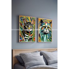 Tontilika Renkli Kedi Portresi Tasarımlı 2'li Ahşap Çerçeveli Tablo-Seti 21X30