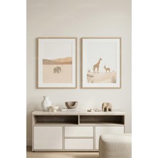 Tontilika Minimalist Safari Hayvanları ve Afrika Manzaraları 2’li Ahşap Çerçeveli Tablo Seti