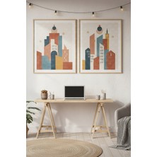 Tontilika Geometrik Şehir 2’li Ahşap Çerçeveli Tablo Seti - Modern Mimari Dekor