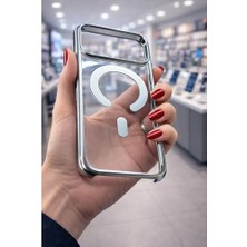 Mi-Ça Home 17 Pro Max ile Uyumlu Crystaledge Magsafe ile Uyumlu Şeffaf Logo Gösteren Renkli Kenarlı Darbeye Dayanıklı Premium Kılıf Gümüş