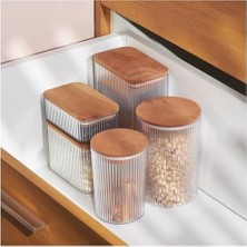 Mi-Ça Home Düz Desenli Cam Saklama Kabı - Hava Geçirmez Ahşap Kapaklı, Lüks Mutfak ve Restoran Kullanımı Için (250 Ml)