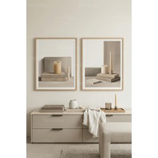 Tontilika Sakin Iskandinav Kitap ve Mum Temalı Minimalist 2’li Ahşap Çerçeveli Tablo Seti