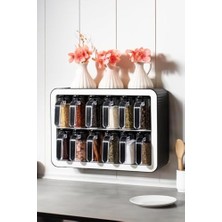 Mi-Ça Home 12'li Baharatlık Takımı, Kaşıklı Kapaklı ve Kendinden Yapışkanlı (Siyah-Beyaz)