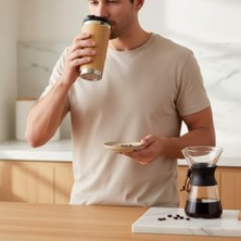 Mi-Ça Home Deconox 450 ml Bambu Kaplama Tabanlı Çelik Termos - Sıcak ve Soğuk Tutucu Gümüş Renkli Seyahat Bardağı (Mug)