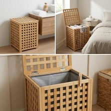 Mi-Ça Home Deconox Kare Bambu Çamaşır Sepeti (40X40X56 Cm) - Içi Bezli, Kapaklı Doğal Ahşap Kirli Sepeti