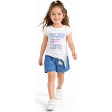 Cichild Kız Çocuk Alt-Üst Takım Baskılı Ekru T-Shirt ve Puanlı Mavi Şort