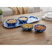 Mi-Ça Home 3’lü Nazar Boncuk Desenli Çerezlik ve Sosluk Seti,metal Sunum Tepsili Mavi Desen Servis Kasesi Takımı, Atıştırmalık ve Kahvaltılık Sunum Seti