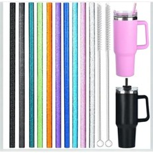 Mi-Ça Home 6 Adet Stanley Quncher Renkli Simli Glitter Pipet 1 Temizleme Fırçası