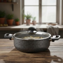 Mi-Ça Home Papilla Desert Magma 22 cm Derin Tencere Gri (Grey) Yanmaz Yapışmaz Cam Kapaklı Çorba ve Yemek Tenceresi