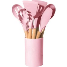 Mi-Ça Home Pembe 12 Parça Ahşap Sap Silikon Mutfak Pasta Silikon Kepçe Çırpıcı Fırça Kevgir Kaşıklık Maşa Spatula Set