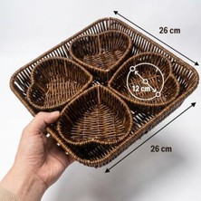 Mi-Ça Home Buffer 5 Parça Plastik Rattan Sunum Seti, 4 Kalp Formlu Bölmeli Çerezlik ve Meyvelik, Doğal Hasır Görünümlü Tepsi, 26X26 cm