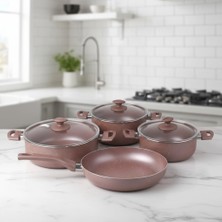 Mi-Ça Home Papilla Nirvana 7 Parça Tencere ve Tava Seti - Tuscany Pembe Kırçıl Renkli Yanmaz Yapışmaz Çeyiz Paketi (20/22/26/26 Cm)