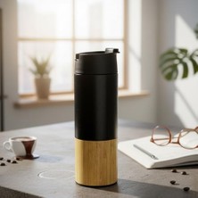 Mi-Ça Home Deconox 450 ml Bambu Kaplamalı Çelik Termos - Sıcak ve Soğuk Tutucu Sızdırmaz Mat Siyah Kahve Termosu