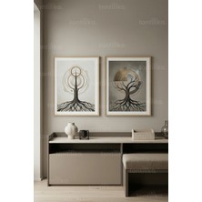 Tontilika Modern Soyut Ağaç ve Geometrik Desenler 2’li Ahşap Çerçeveli Tablo Seti