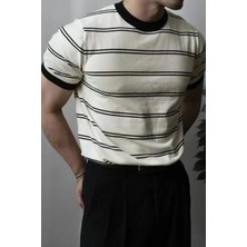 Tarz Cool Erkek Çizgi Detaylı Slim Fit Bisiklet Yaka Triko T-Shirt