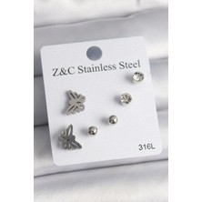 Uravas Store Çelik Gümüş Renk Zirkon Taşlı Model Kadın Küpe Seti