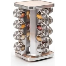 Mi-Ça Home 16’lı Dönen Standlı Baharatlık Seti – Ahşap Detaylı Paslanmaz Çelik Gövde, Cam Baharat Kavanozları, 360° Döner Mutfak Baharat Standı