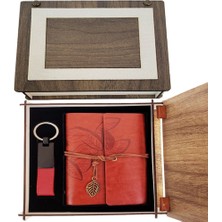 Cm Store Özel Ahşap Kutulu Kiremit Rengi Deri Defter ve Anahtarlık Set