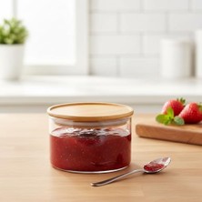 Mi-Ça Home Deconox Doğal Bambu Kapaklı Borosilikat Cam Saklama Kabı - 300 ml Vakumlu Yuvarlak Baharatlık, Çay ve Kahve Kavanozu