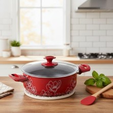 Mi-Ça Home Papilla Lotus 22 cm Derin Tencere - Kırmızı Üzeri Beyaz Çiçek Desenli Cam Kapaklı