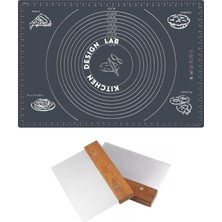 Mi-Ça Home Gri Ölçülü Hamur Açma Matı 45 x 65 cm ve Paslanmaz Çelik Ahşap Saplı Kesici Kazıyıcı Spatula