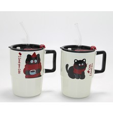 Cm Store Sevimli Şaşkın Kedi Figürlü Pipetli Kapaklı Porselen Kupa Bardak