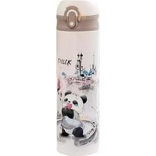 Mi-Ça Home Vagonlife Diller 480ML Sevimli Hayvanlar Desenli Pipetli Kilitlenebilir Kapak Paslanmaz Çelik Termos (Panda)